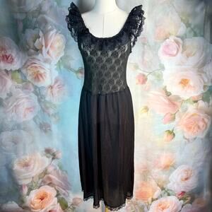 Vintage Stroke Of Midnight Black Lace Ruffled Sheer Slip Chemise Lingerie Dress